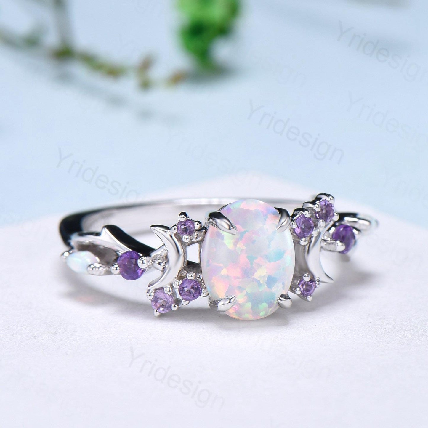 Unique Oval White Opal Engagement Ring Vintage Fire Opal Moon Split Shank Wedding Ring Branch Amethyst Wedding Ring Promise Gift For Women