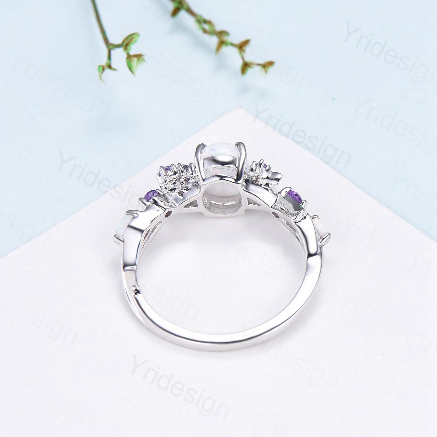 Unique Oval White Opal Engagement Ring Vintage Fire Opal Moon Split Shank Wedding Ring Branch Amethyst Wedding Ring Promise Gift For Women