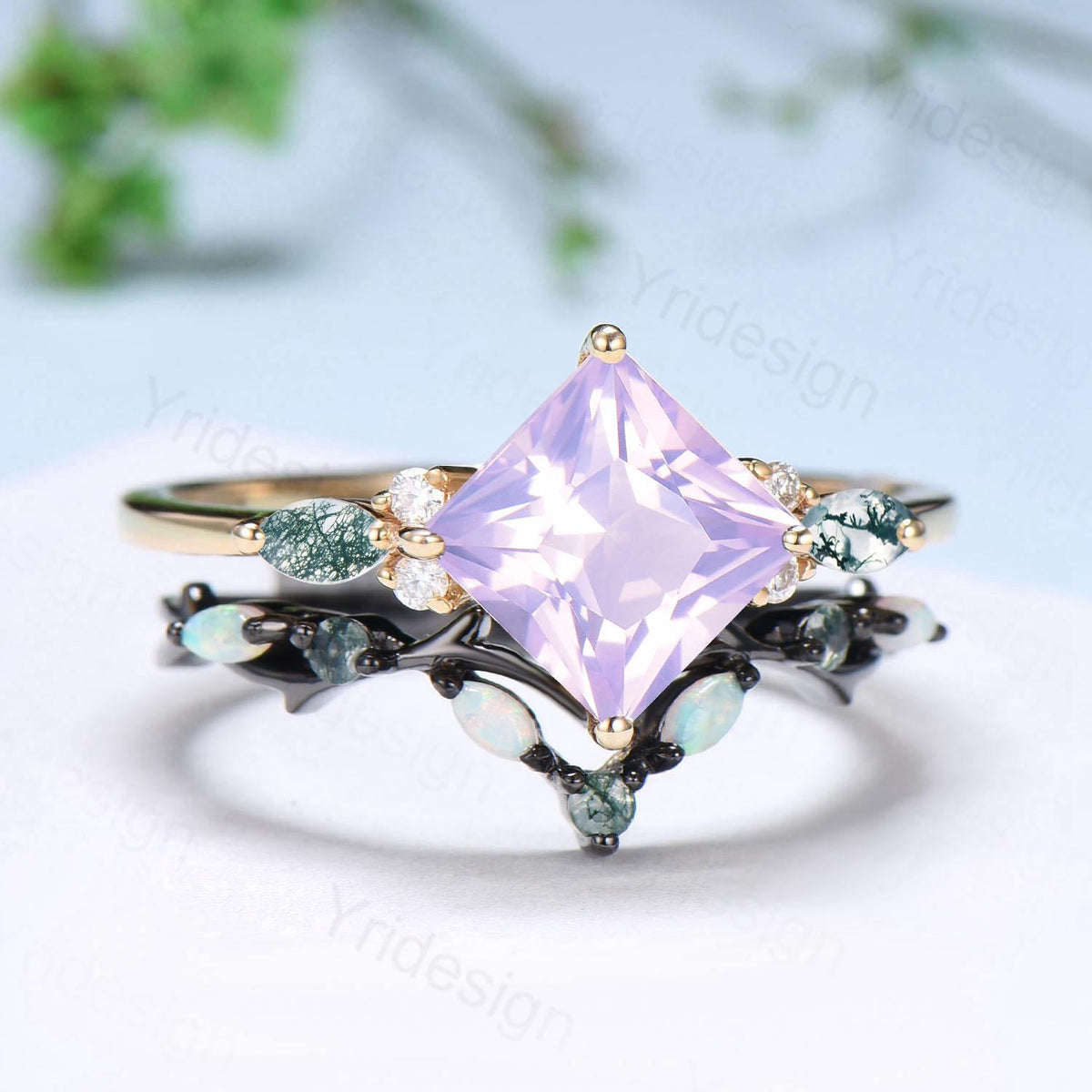 Vintage Princess Cut Lavender Amethyst Engagement Ring Set Vintage Seven Stone Marquise Moss Agate Band Opal Agate Art Deco Bridal Set Women