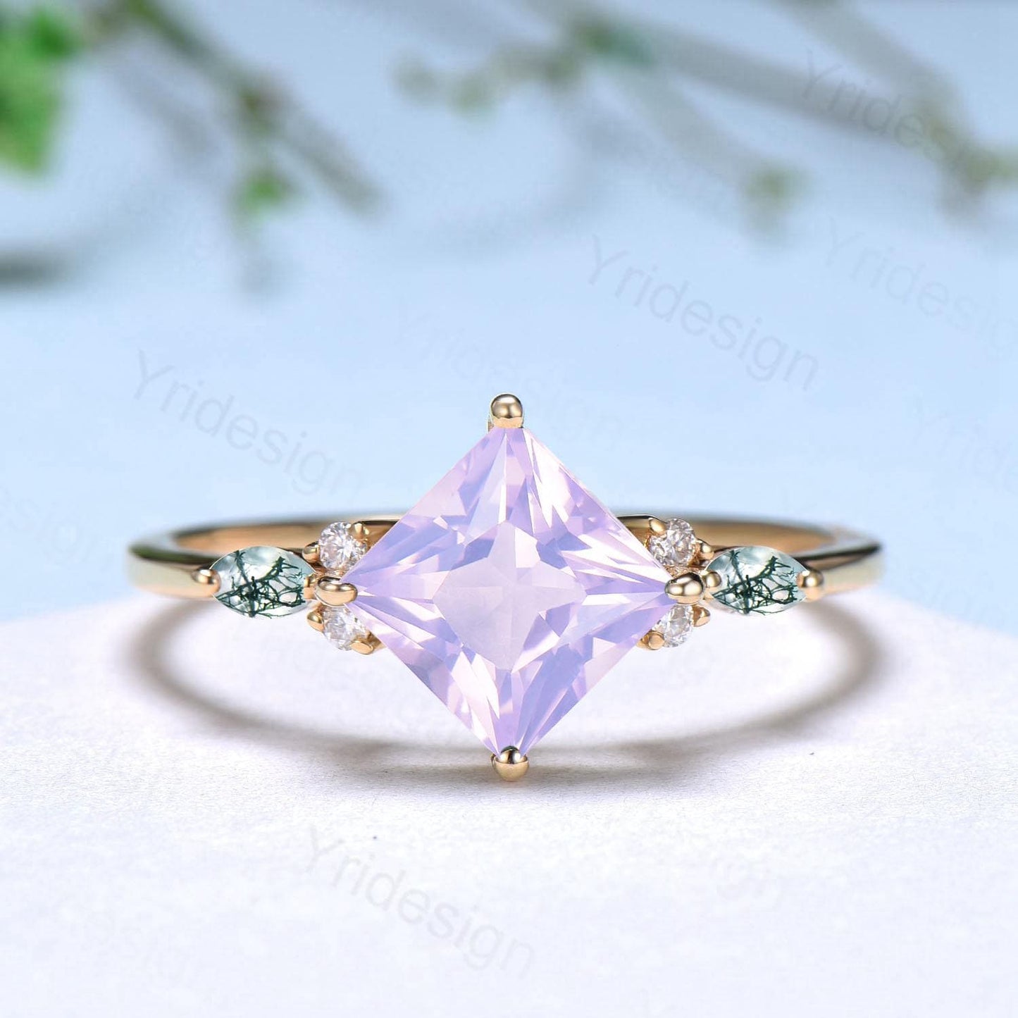 Vintage Princess Cut Lavender Amethyst Engagement Ring Set Vintage Seven Stone Marquise Moss Agate Band Opal Agate Art Deco Bridal Set Women