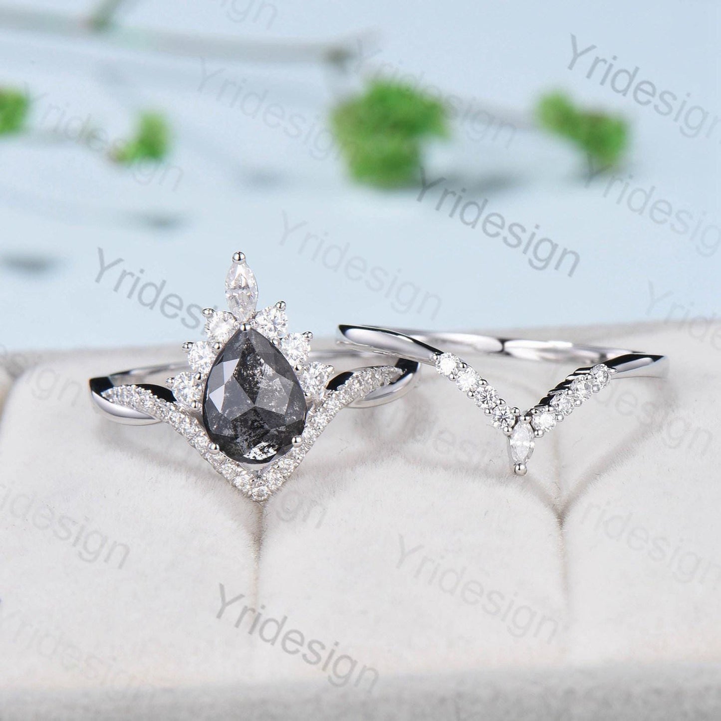 Retro pear shaped salt pepper diamond engagement ring art deco vintage pepper diamond wedding set unique anniversary promise ring for wife