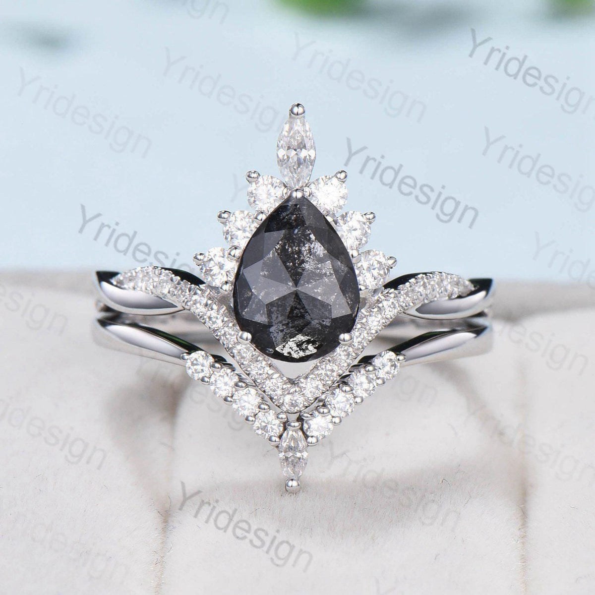 Retro pear shaped salt pepper diamond engagement ring art deco vintage pepper diamond wedding set unique anniversary promise ring for wife