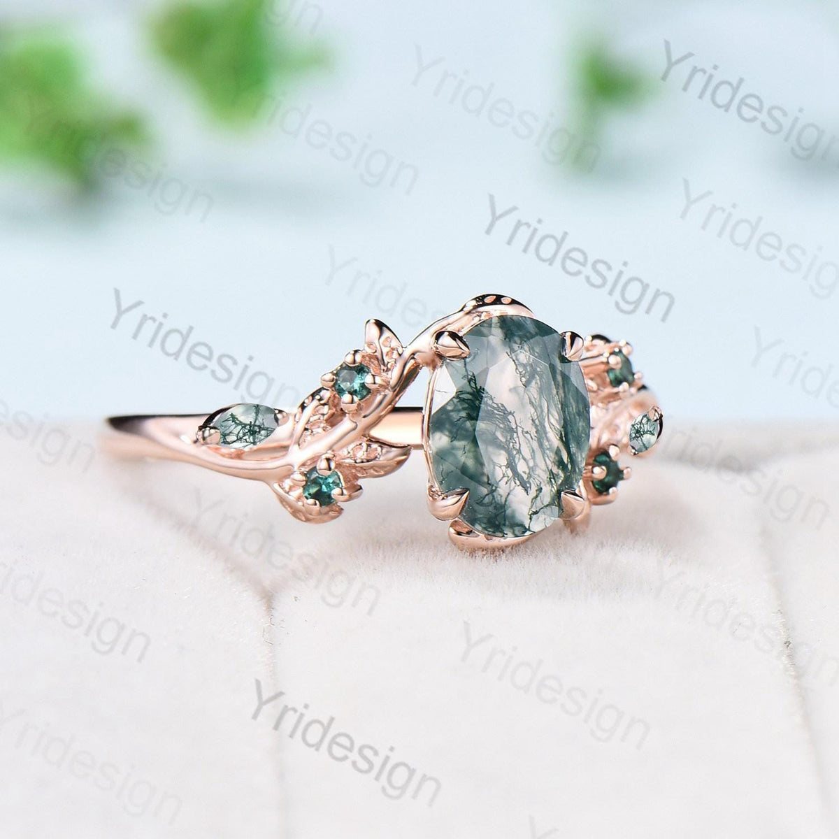 1.5Ct Oval Natural Moss Agate Engagement Ring Nature Inspired Green Agate Promise Ring Cluster Emerald Anniversary Ring Silver Rose Gold