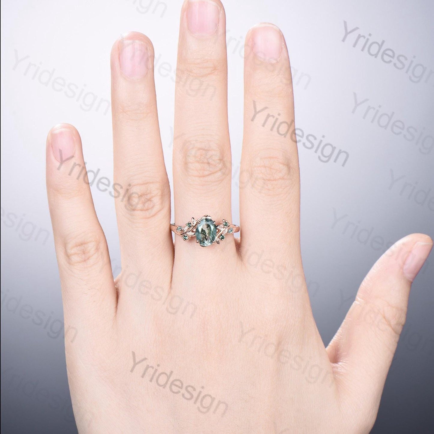 1.5Ct Oval Natural Moss Agate Engagement Ring Nature Inspired Green Agate Promise Ring Cluster Emerald Anniversary Ring Silver Rose Gold
