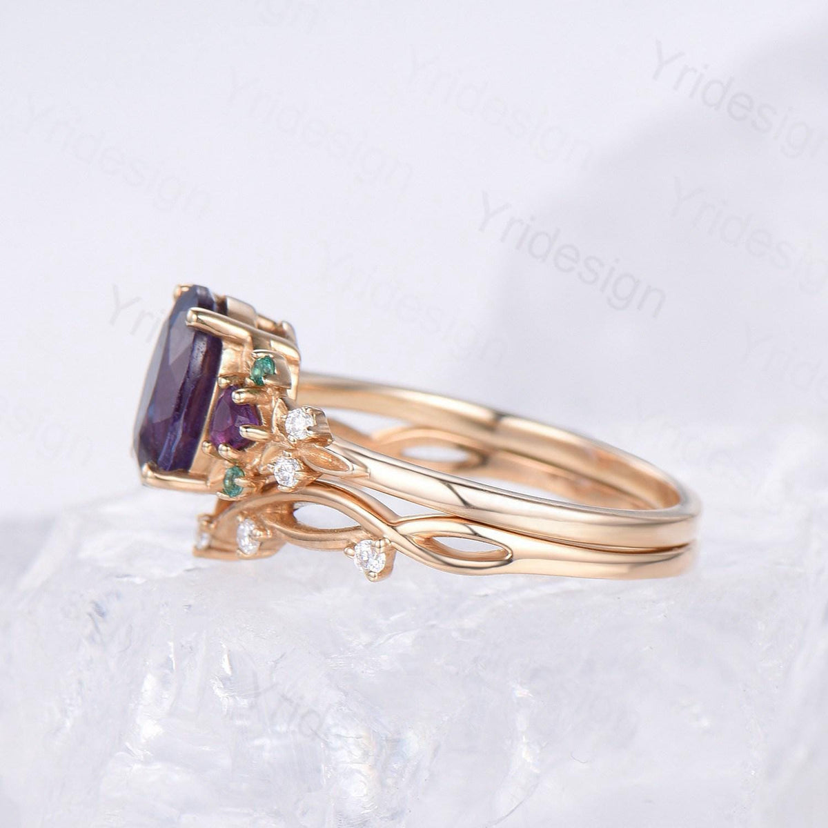 Vintage oval cut alexandrite engagement ring rose gold art deco cluster leaf amethyst wedding set nature inspired bridal promise ring set
