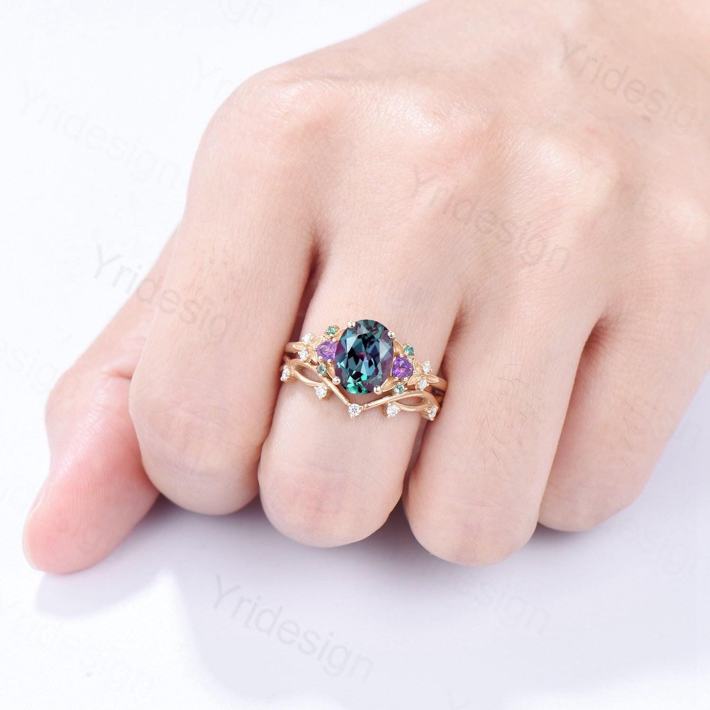 Vintage oval cut alexandrite engagement ring rose gold art deco cluster leaf amethyst wedding set nature inspired bridal promise ring set