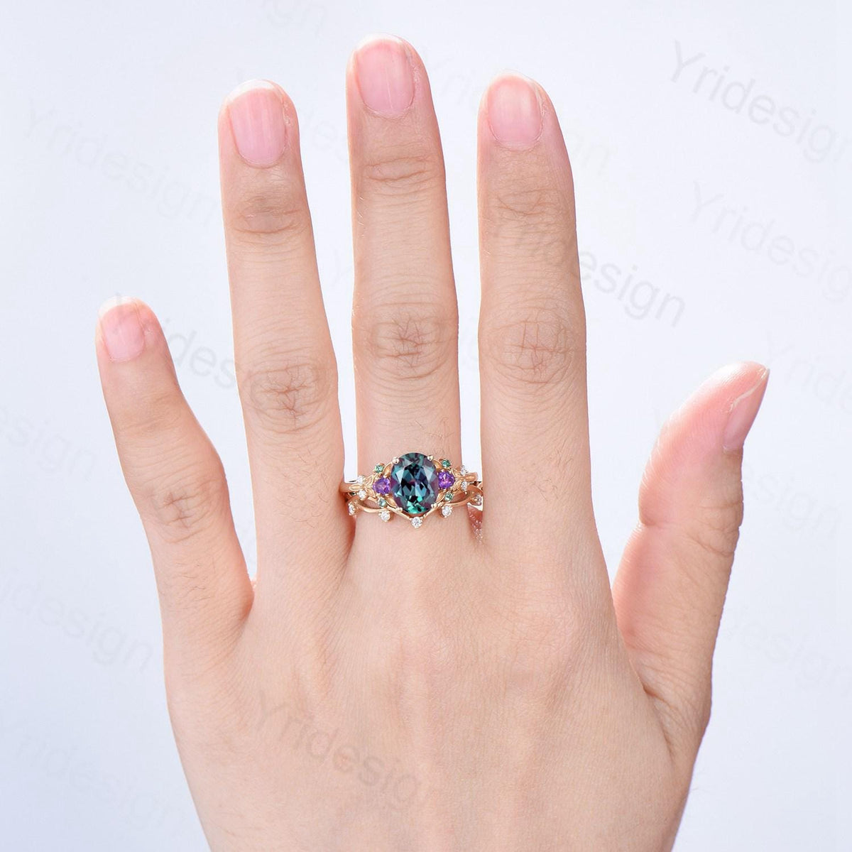 Vintage oval cut alexandrite engagement ring rose gold art deco cluster leaf amethyst wedding set nature inspired bridal promise ring set