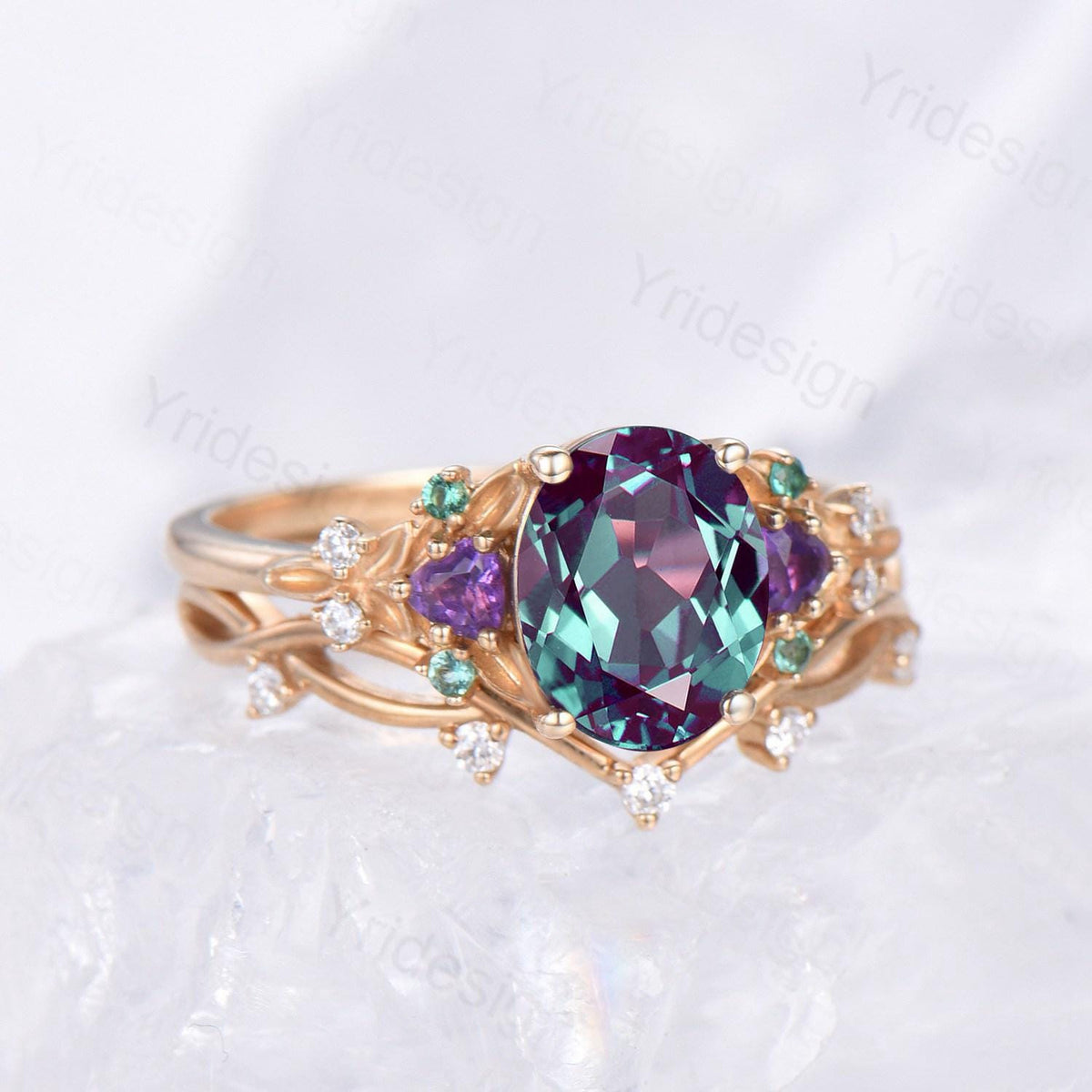 Vintage oval cut alexandrite engagement ring rose gold art deco cluster leaf amethyst wedding set nature inspired bridal promise ring set