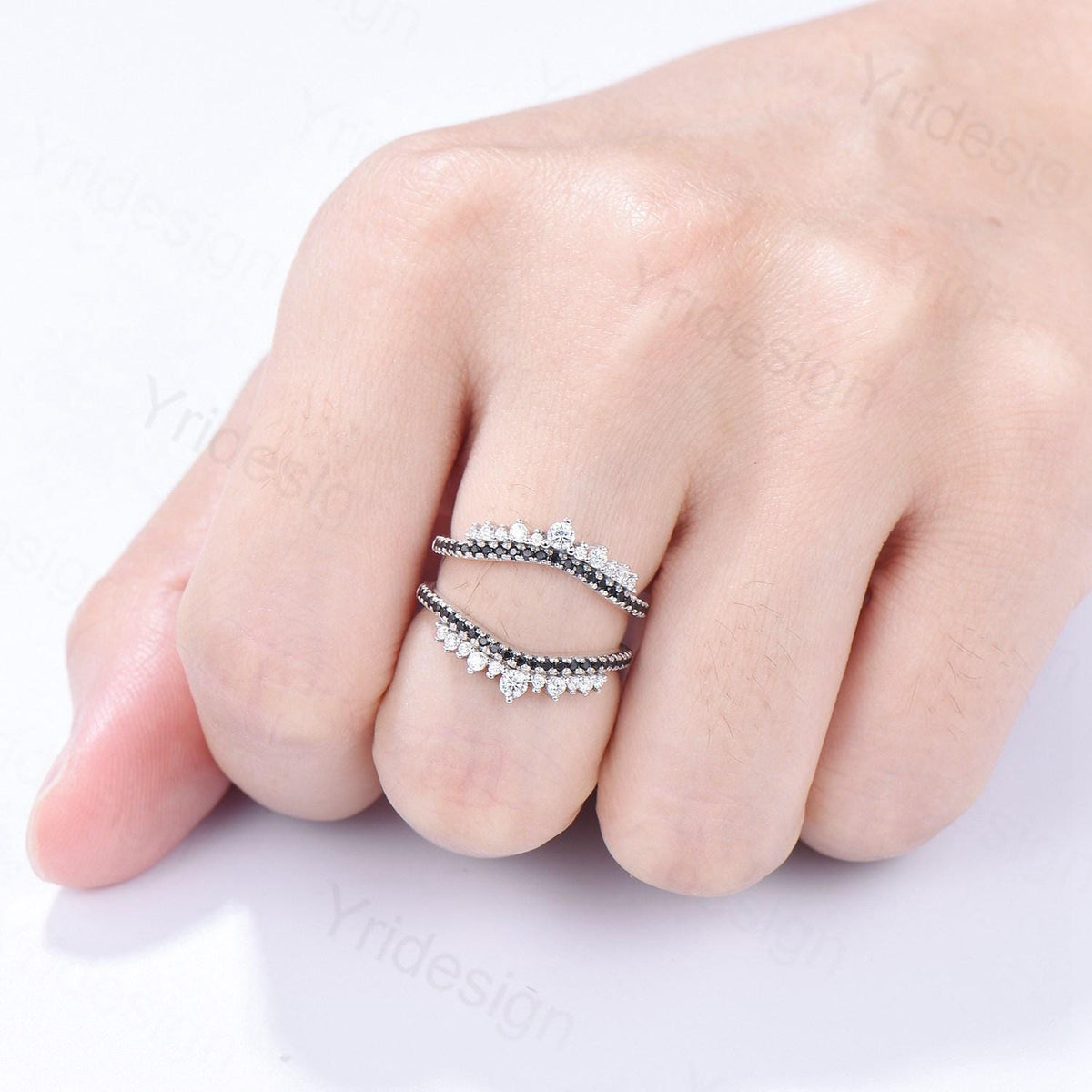 Art Deco Double Curved Moissanite Wedding Band Ladies Snowdrift Wedding Promise Ring Women  Black Diamond Stacking Bridal Matching Ring Her