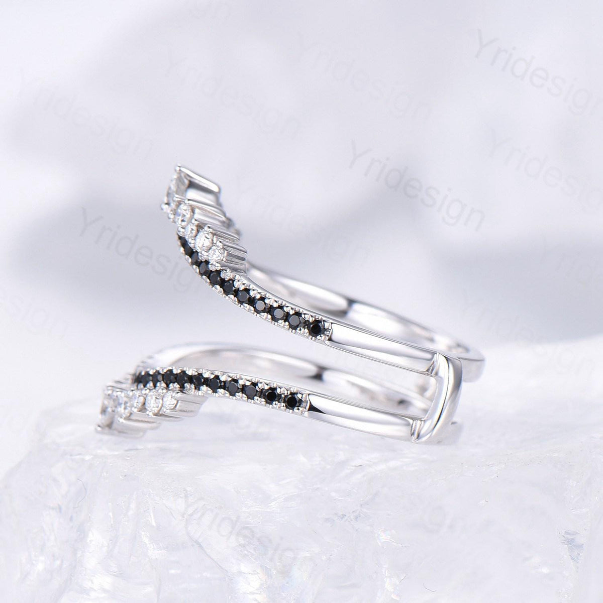 Art Deco Double Curved Moissanite Wedding Band Ladies Snowdrift Wedding Promise Ring Women  Black Diamond Stacking Bridal Matching Ring Her