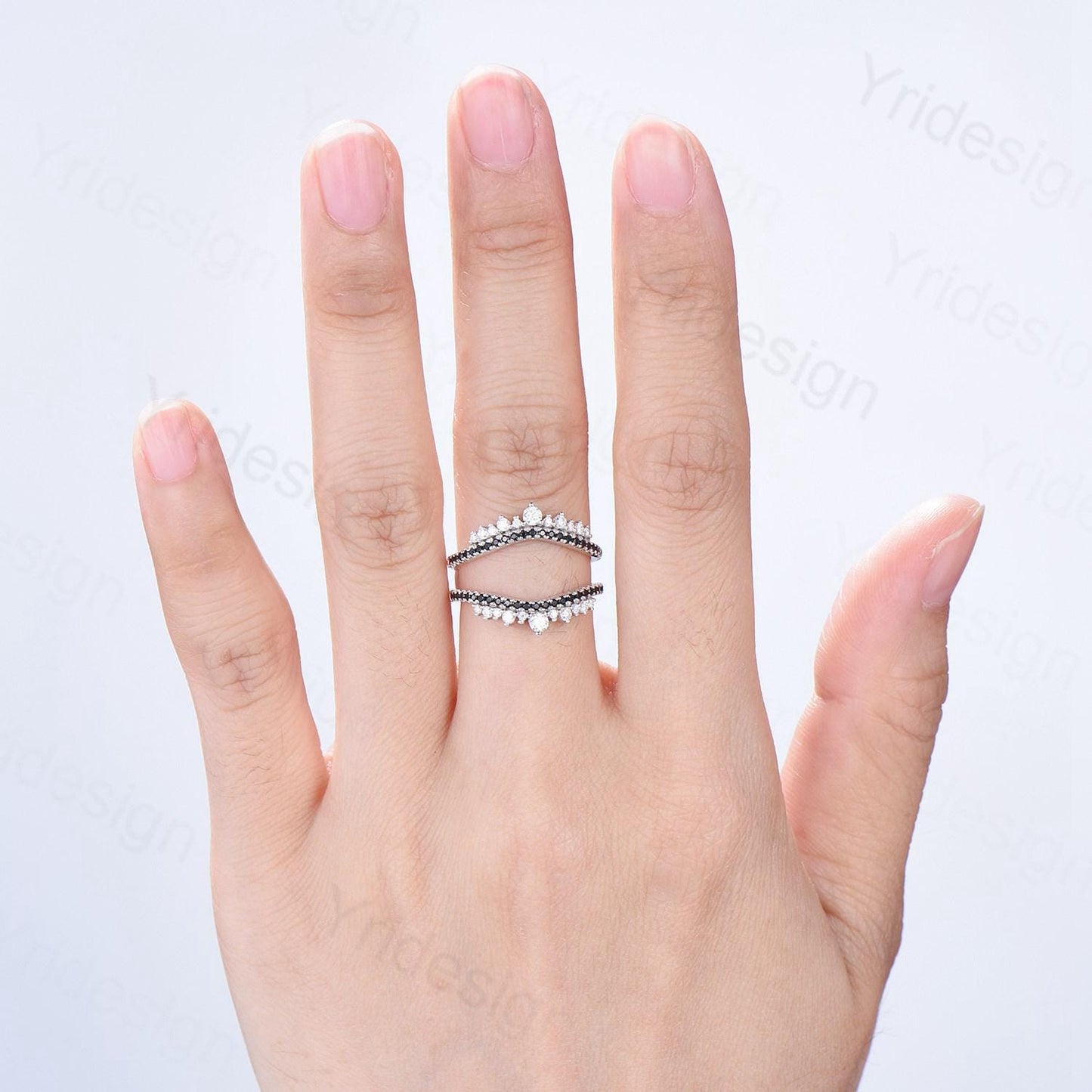 Art Deco Double Curved Moissanite Wedding Band Ladies Snowdrift Wedding Promise Ring Women  Black Diamond Stacking Bridal Matching Ring Her