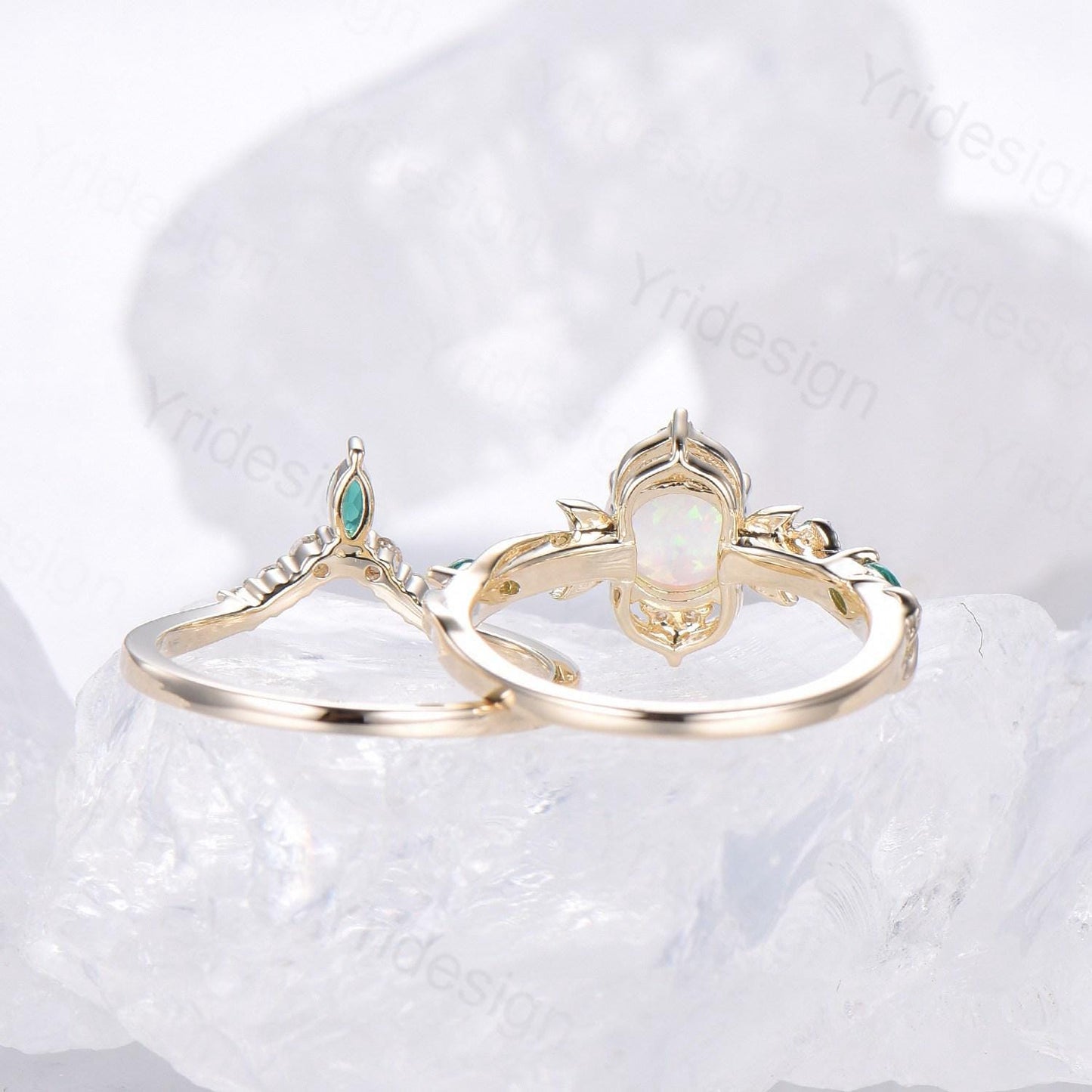 2pcs Vintage Round White Opal Engagement Ring Leaf Moon Cluster Amethyst Bridal Set Art Deco Nature Inspired October Birthstone Promise Ring