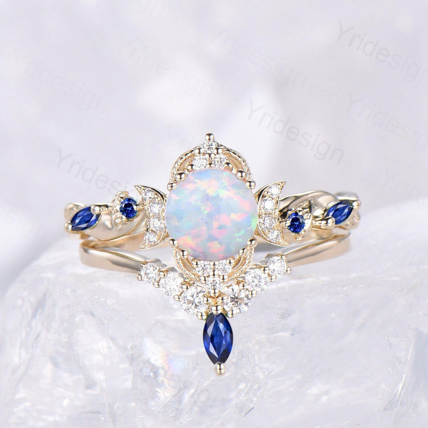 2pcs Vintage Round White Opal Engagement Ring Leaf Moon Cluster Amethyst Bridal Set Art Deco Nature Inspired October Birthstone Promise Ring