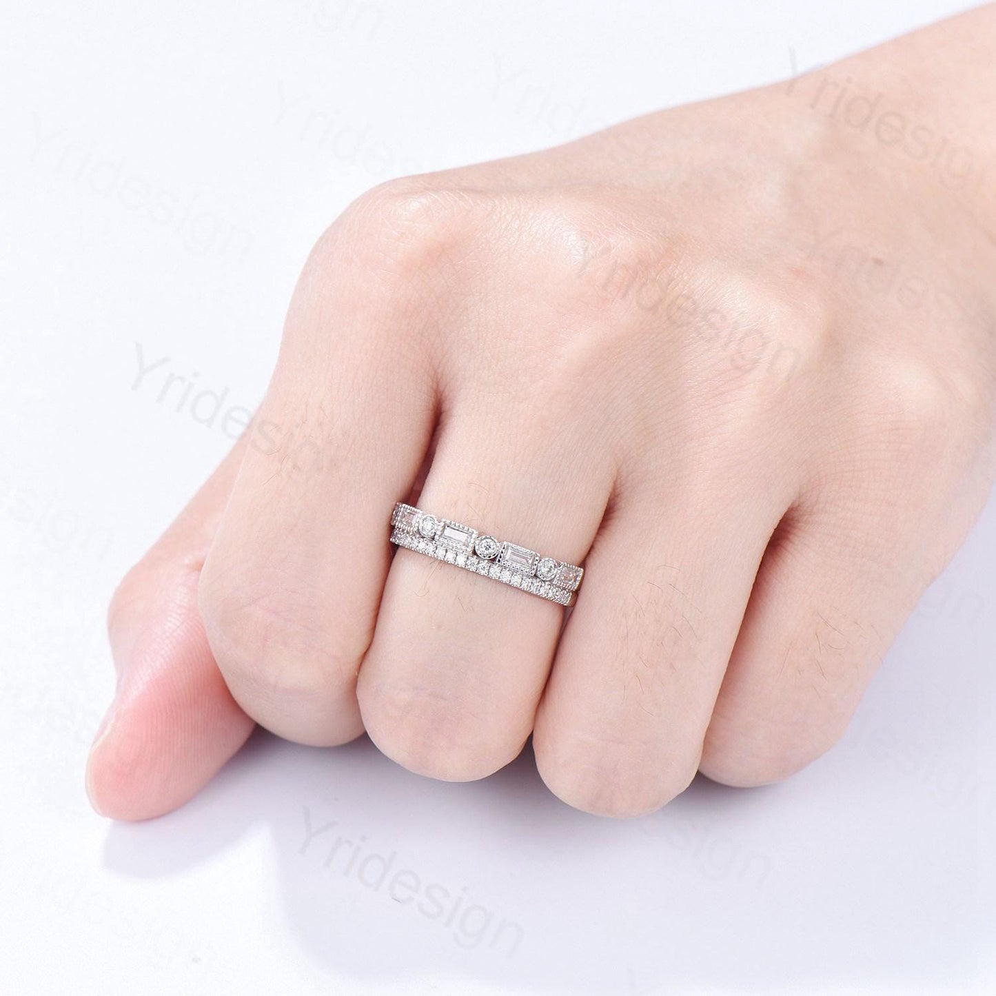 Enhance Baguette cut moissanite wedding band white gold Diamond Anniversary Gift For Wife, Matching Stacking Ring,Elegant Promise Band Women