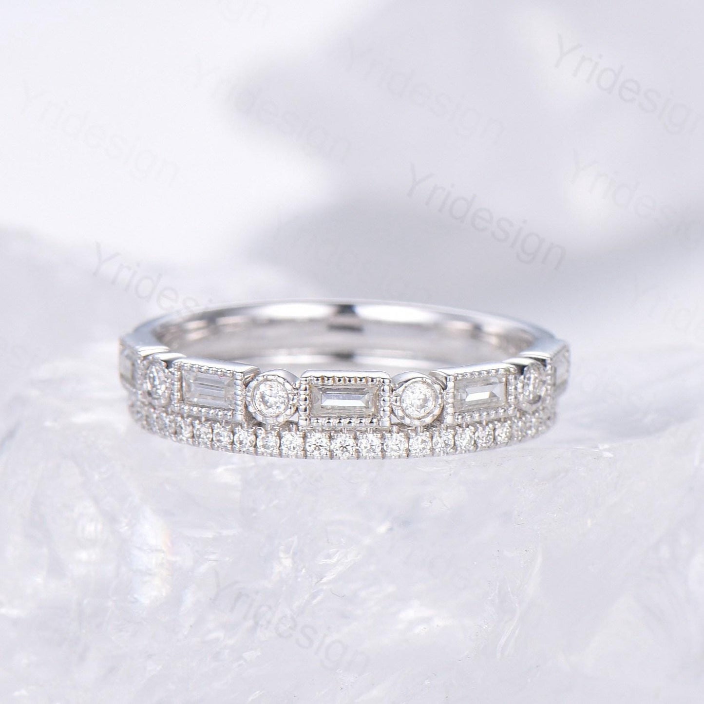 Enhance Baguette cut moissanite wedding band white gold Diamond Anniversary Gift For Wife, Matching Stacking Ring,Elegant Promise Band Women