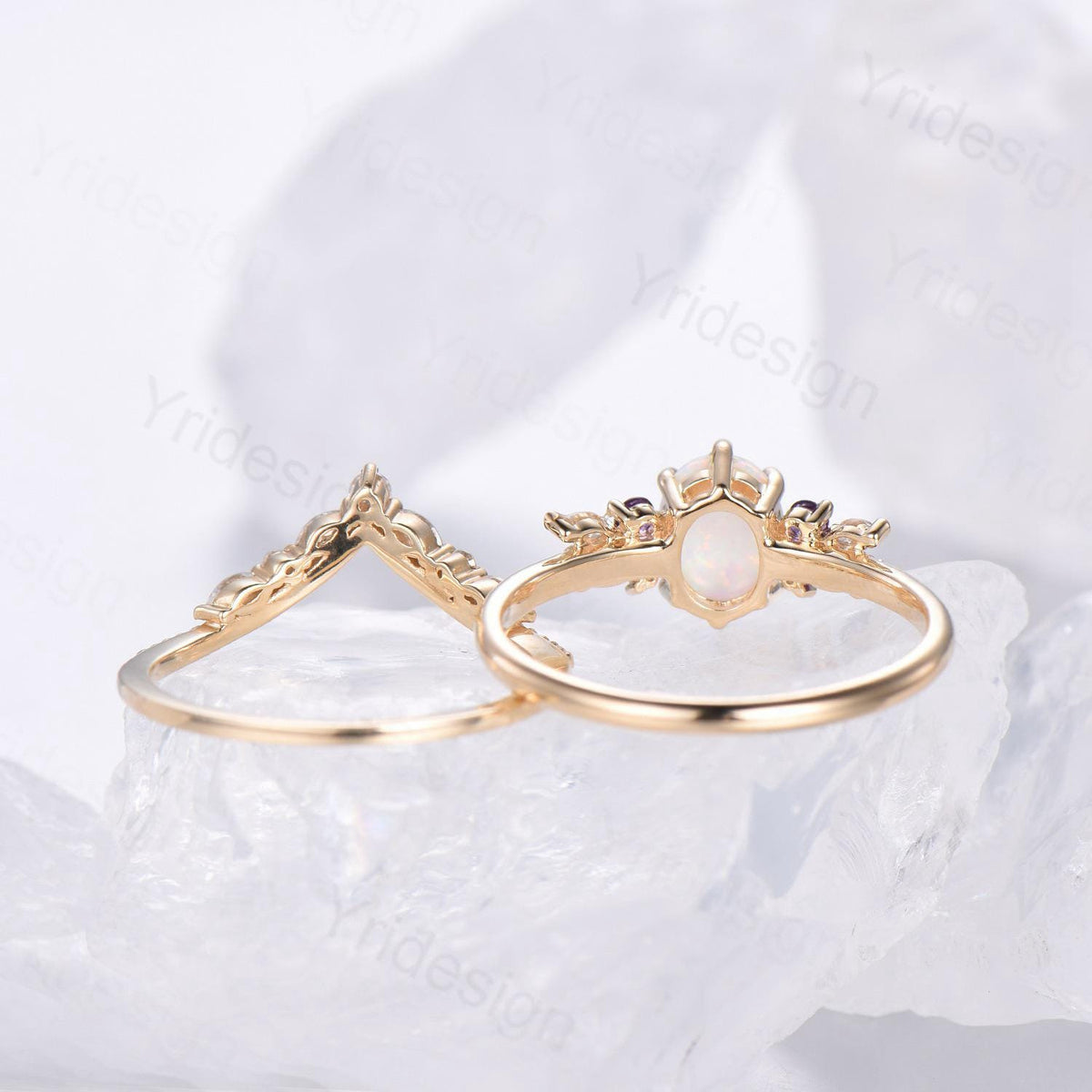 Unique White Opal Engagement Ring Set Alternative Cluster Amethyst Fire Opal Wedding Ring Vintage  Bee Opal Amethyst Bridal Set For Women