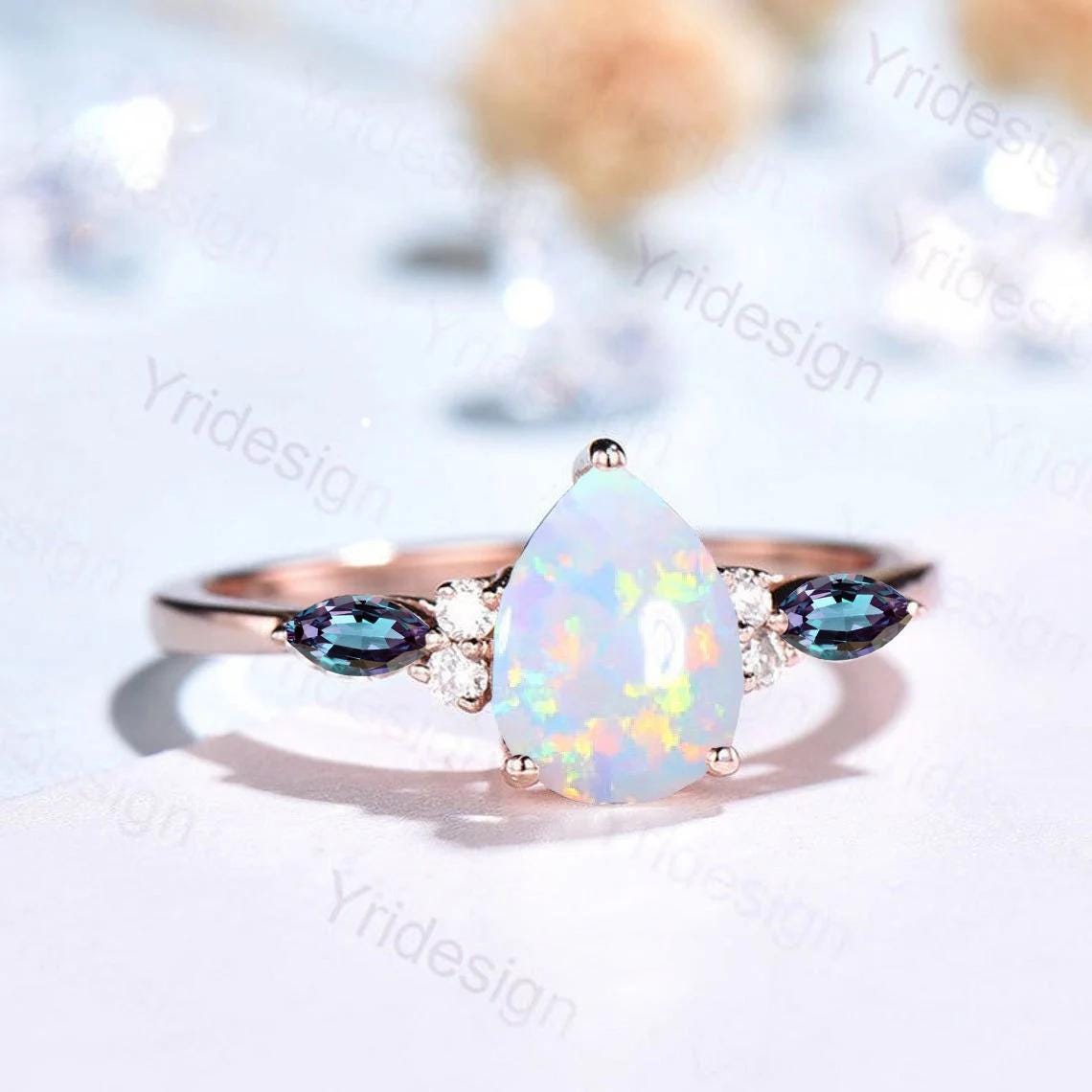 Retro Pear Shaped Opal Ring Rose Gold Fire Opal Ruby Engagement Ring Seven Stone Cluster Promise Ring October Birthstone Anniversary gift