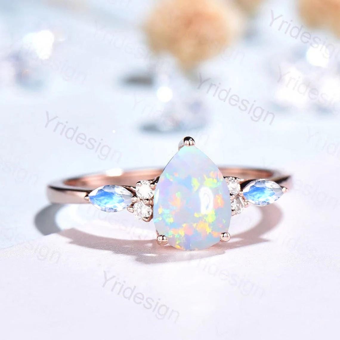 Retro Pear Shaped Opal Ring Rose Gold Fire Opal Ruby Engagement Ring Seven Stone Cluster Promise Ring October Birthstone Anniversary gift
