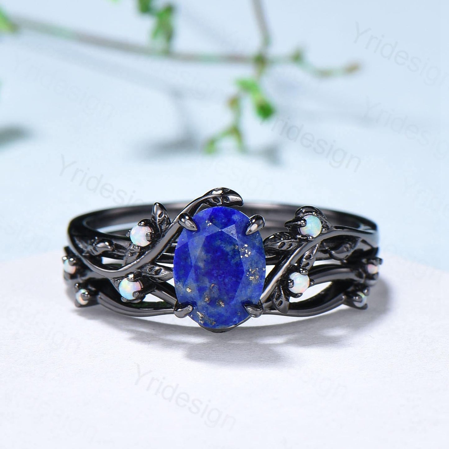Lapis Lazuli Wedding Ring Set, Black Gold Twig, Opal Branch Bridal Set