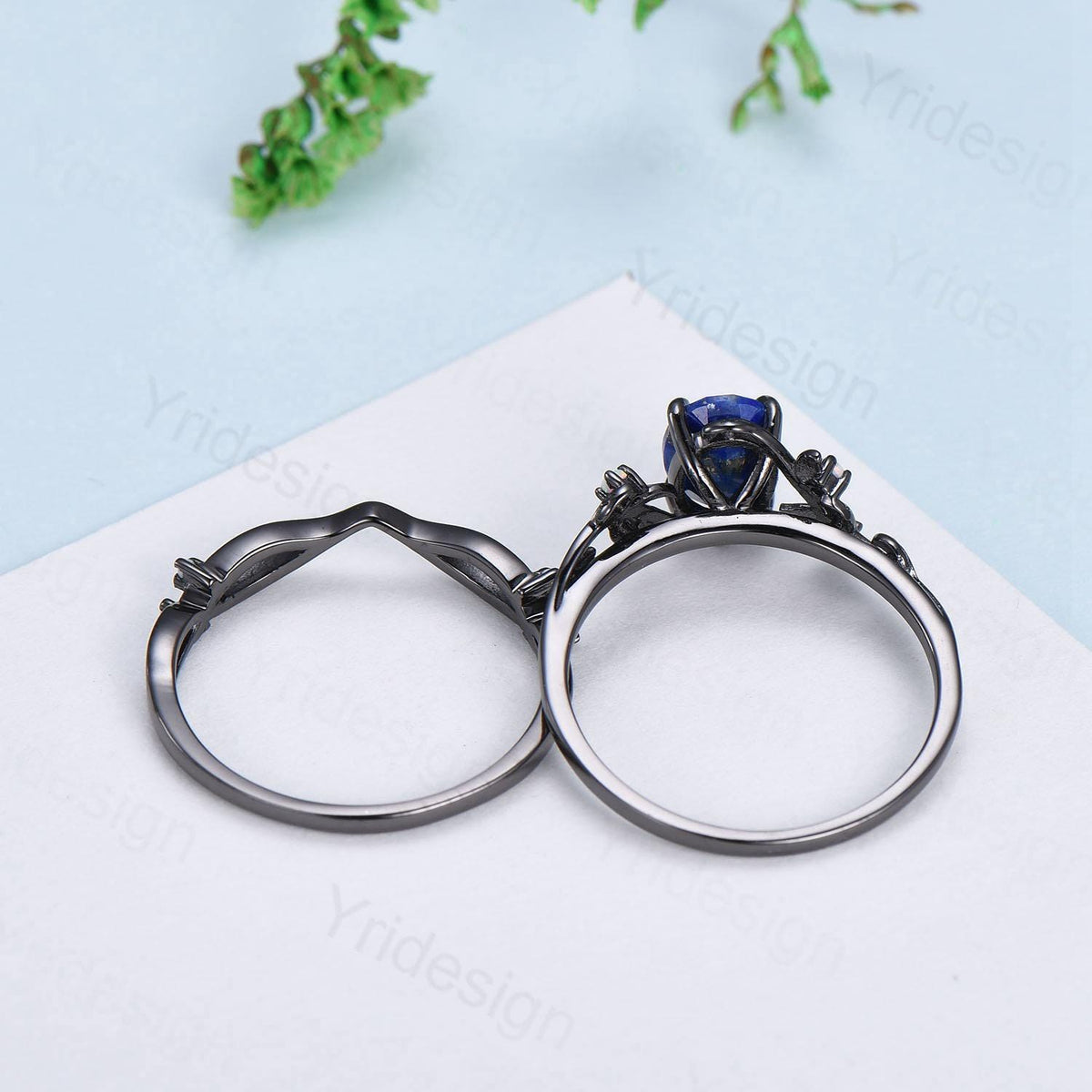 Lapis Lazuli Wedding Ring Set, Black Gold Twig, Opal Branch Bridal Set
