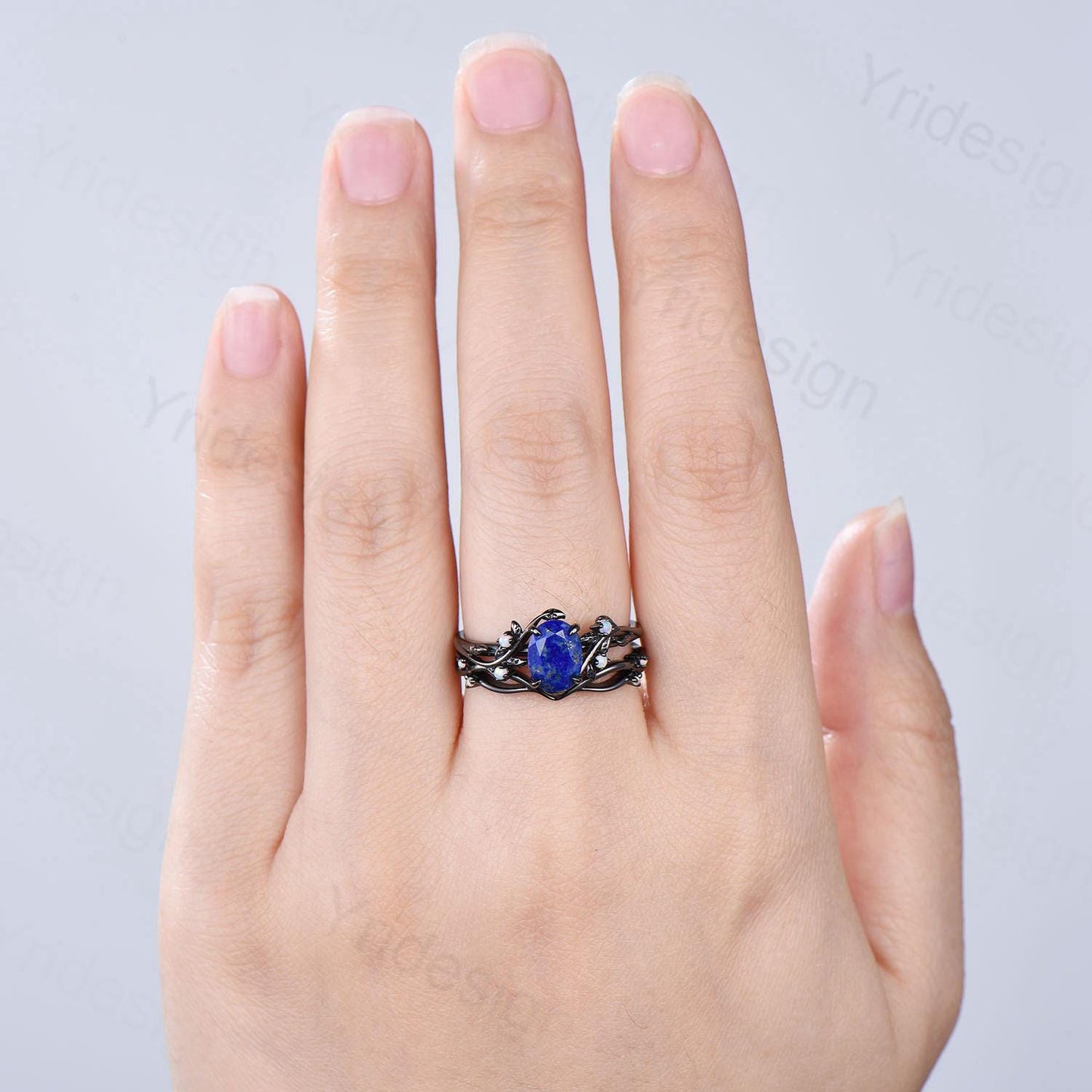 Lapis Lazuli Wedding Ring Set, Black Gold Twig, Opal Branch Bridal Set