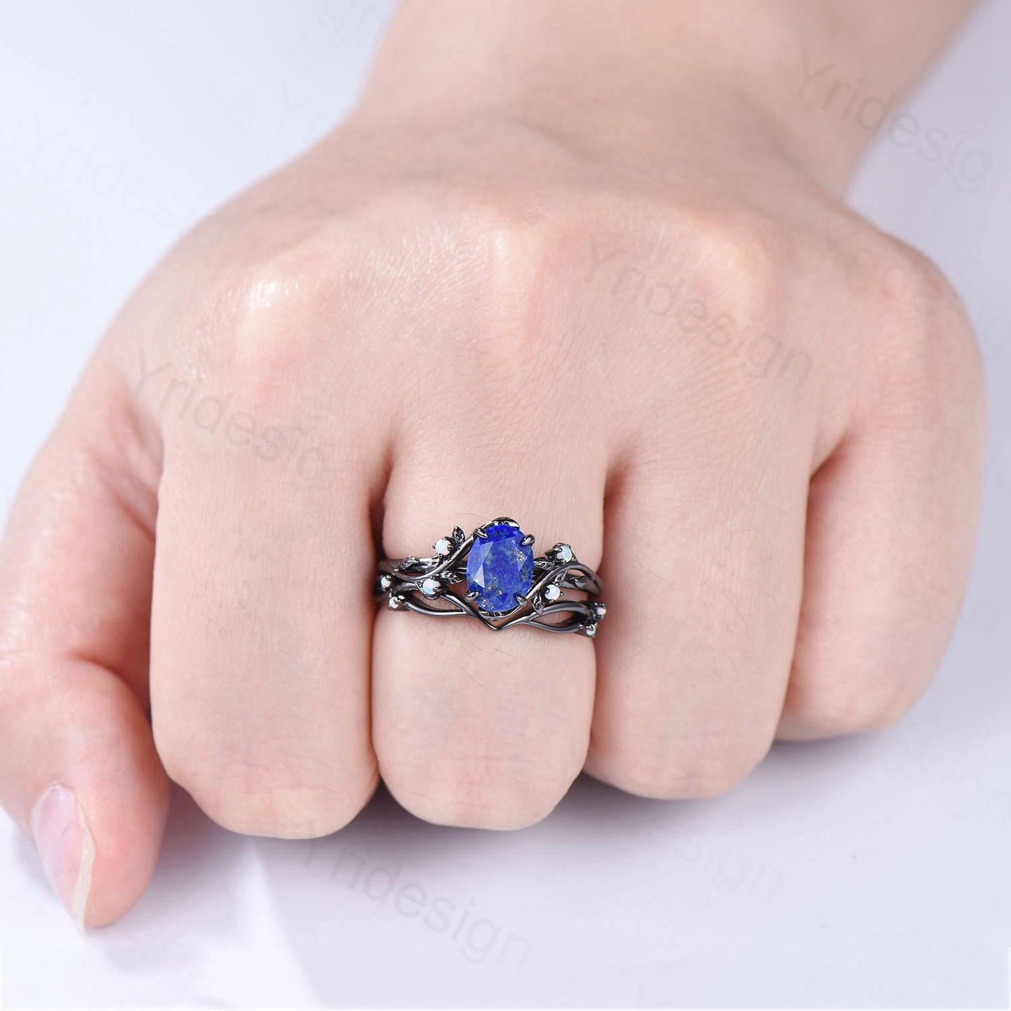 Lapis Lazuli Wedding Ring Set, Black Gold Twig, Opal Branch Bridal Set