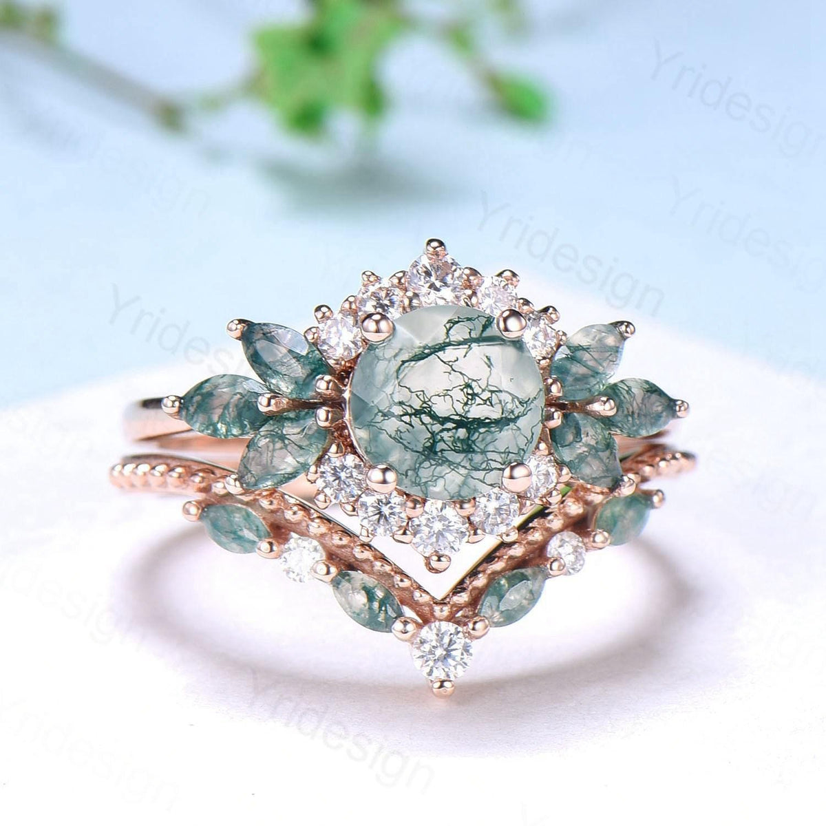 Unique Round Moss Agate Wedding Ring Set Vintage Marquise Green Agate Halo Engagement Ring Set 14k Rose Gold 2pcs Bridal Ring Set for Women
