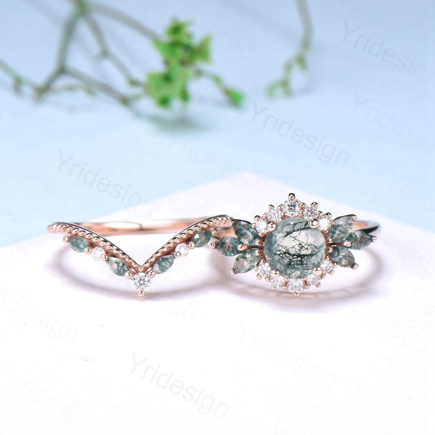 Unique Round Moss Agate Wedding Ring Set Vintage Marquise Green Agate Halo Engagement Ring Set 14k Rose Gold 2pcs Bridal Ring Set for Women