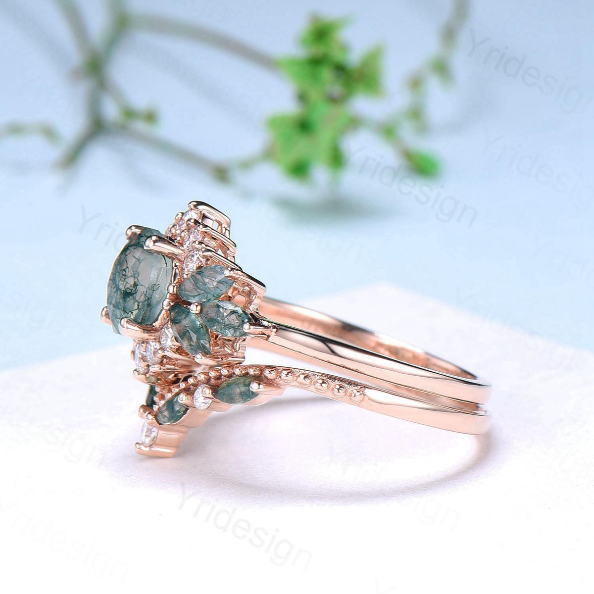 Unique Round Moss Agate Wedding Ring Set Vintage Marquise Green Agate Halo Engagement Ring Set 14k Rose Gold 2pcs Bridal Ring Set for Women