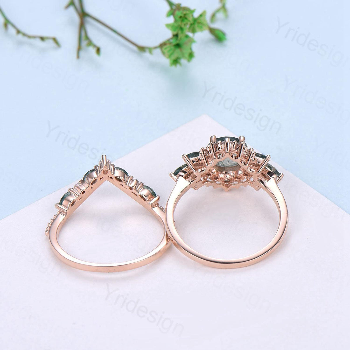 Unique Round Moss Agate Wedding Ring Set Vintage Marquise Green Agate Halo Engagement Ring Set 14k Rose Gold 2pcs Bridal Ring Set for Women