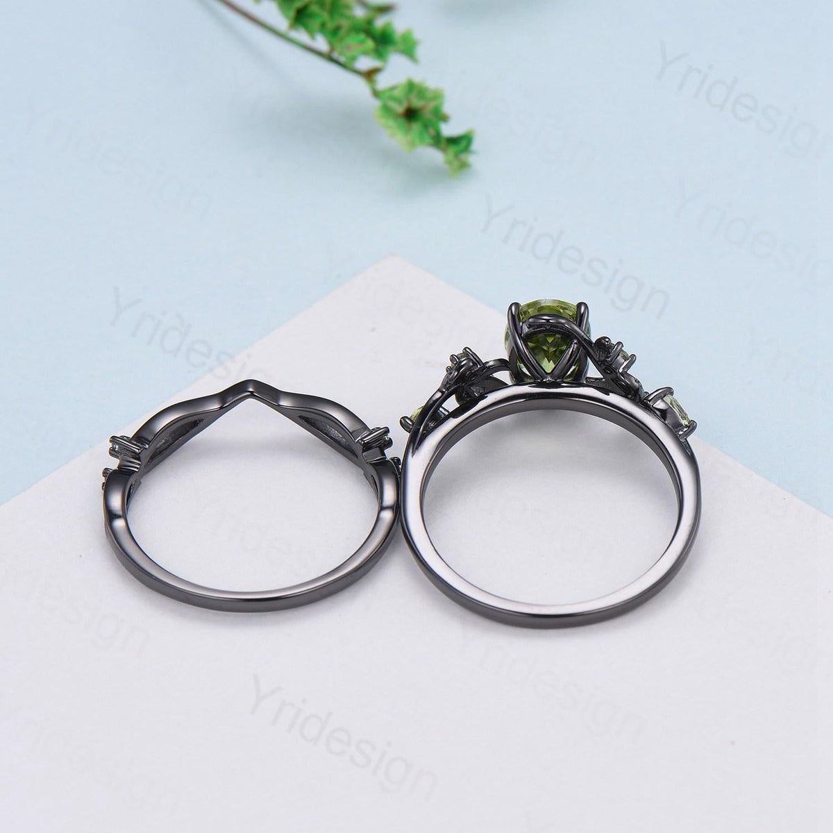 Unique Black Gold Oval Alexandrite Ring Set Nature Inspired Alexandrite Twig Engagement Ring branch peridot leaf wedding ring set for women