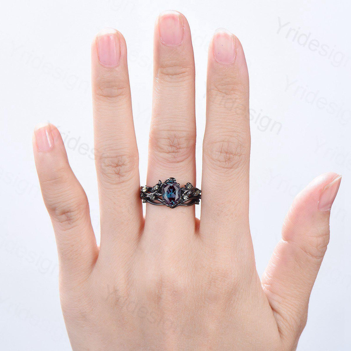 Unique Black Gold Oval Alexandrite Ring Set Nature Inspired Alexandrite Twig Engagement Ring branch peridot leaf wedding ring set for women