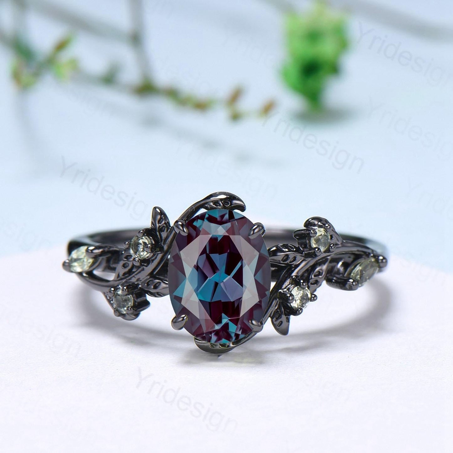 Unique Black Gold Oval Alexandrite Ring Set Nature Inspired Alexandrite Twig Engagement Ring branch peridot leaf wedding ring set for women