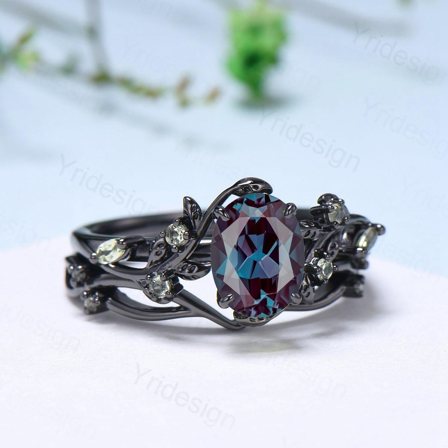 Unique Black Gold Oval Alexandrite Ring Set Nature Inspired Alexandrite Twig Engagement Ring branch peridot leaf wedding ring set for women