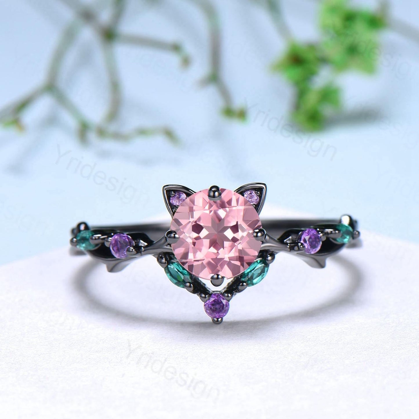 Unique Cat Ring Black Gold Padparadscha sapphire Engagement Ring Black Gold Animal Inspired Amethyst Emerald Band Pink Anniversary Ring Her