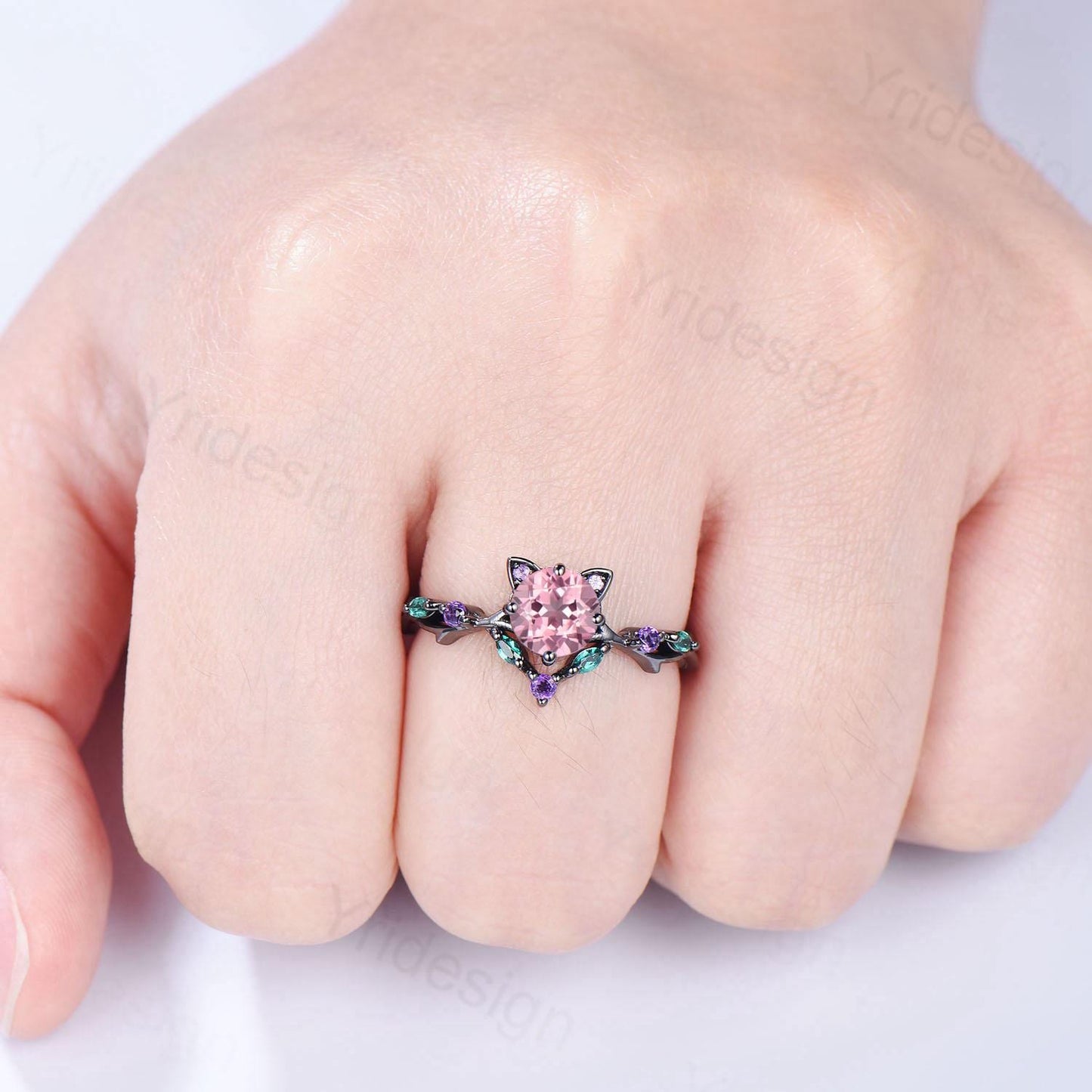 Unique Cat Ring Black Gold Padparadscha sapphire Engagement Ring Black Gold Animal Inspired Amethyst Emerald Band Pink Anniversary Ring Her