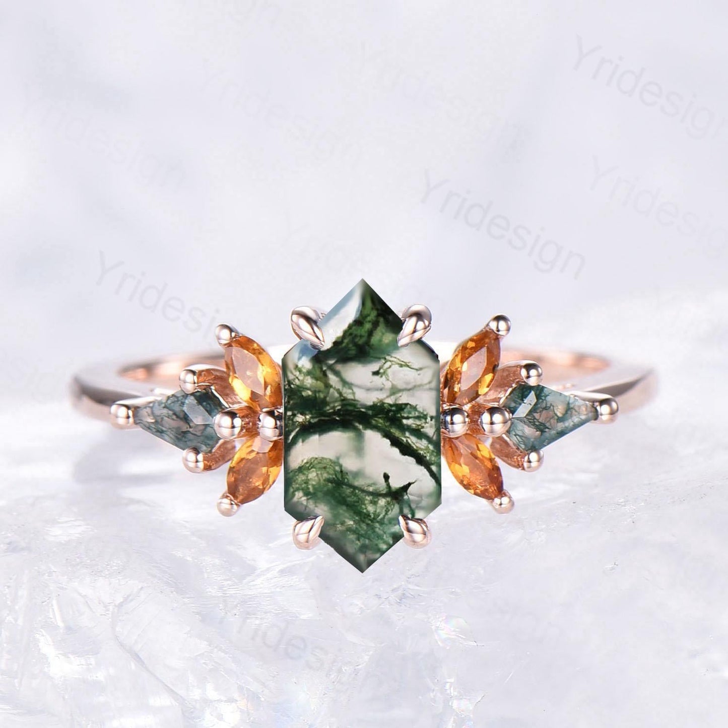 Elongated Hexagon Moss Agate Ring with Citrine Accents - Woodland Sunburst Ring