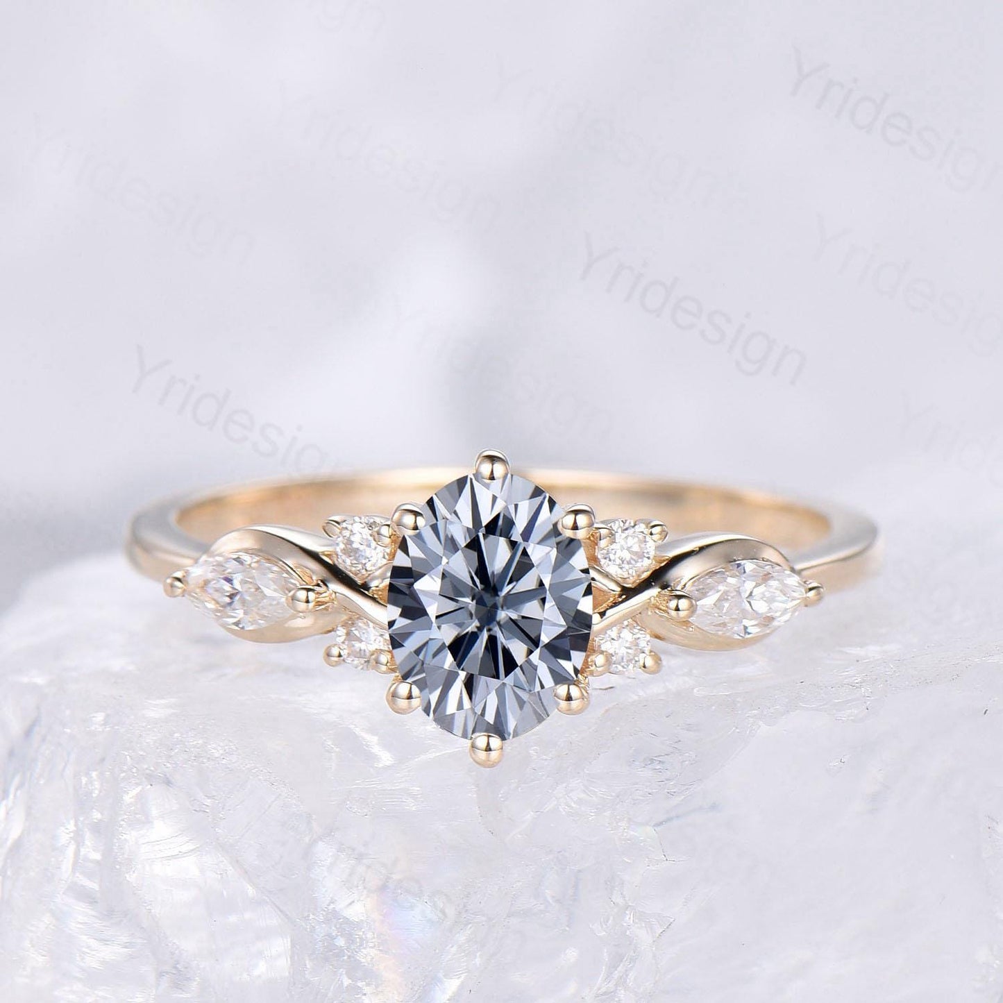 1 Carat Oval Gray Moissanite Engagement Ring Set, Cluster Marquise Moissanite Diamond Bridal Ring Set Unique Twisted Moissanite Bridal Set