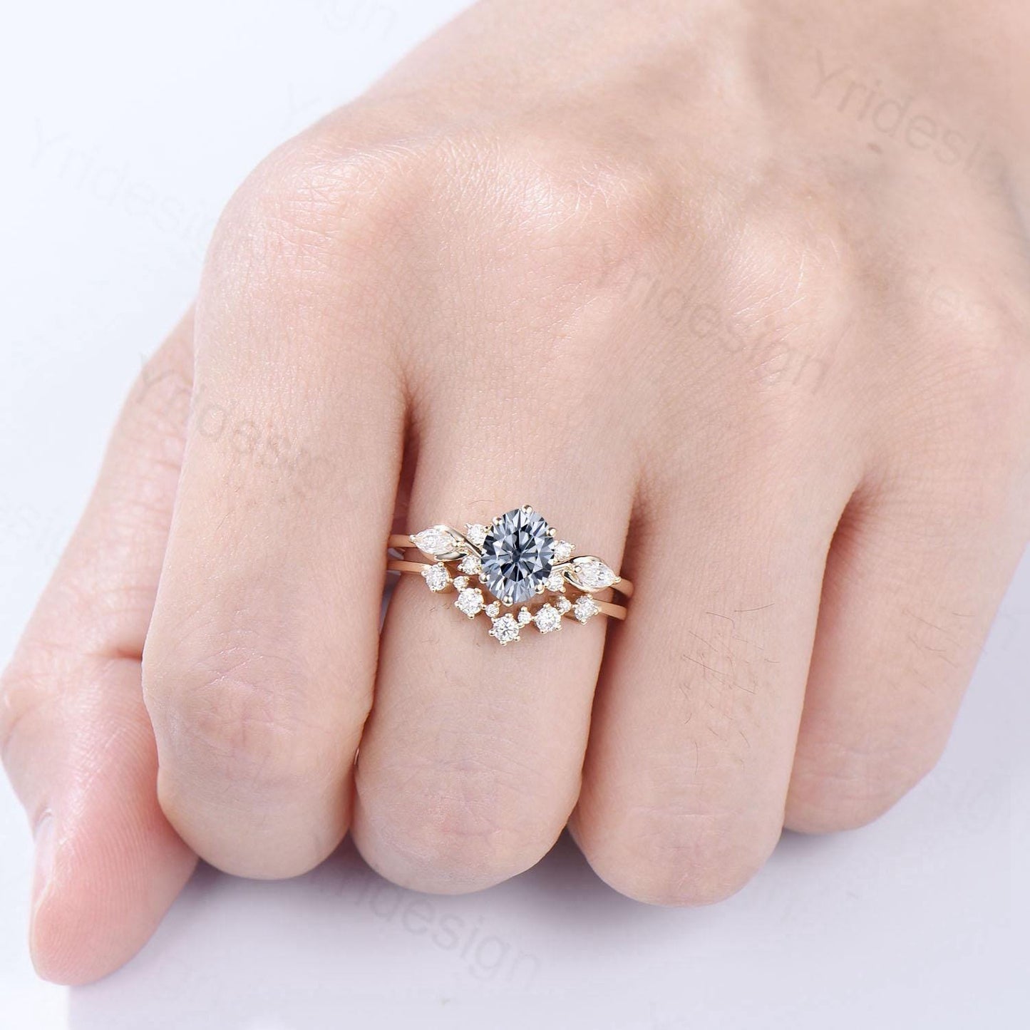 1 Carat Oval Gray Moissanite Engagement Ring Set, Cluster Marquise Moissanite Diamond Bridal Ring Set Unique Twisted Moissanite Bridal Set