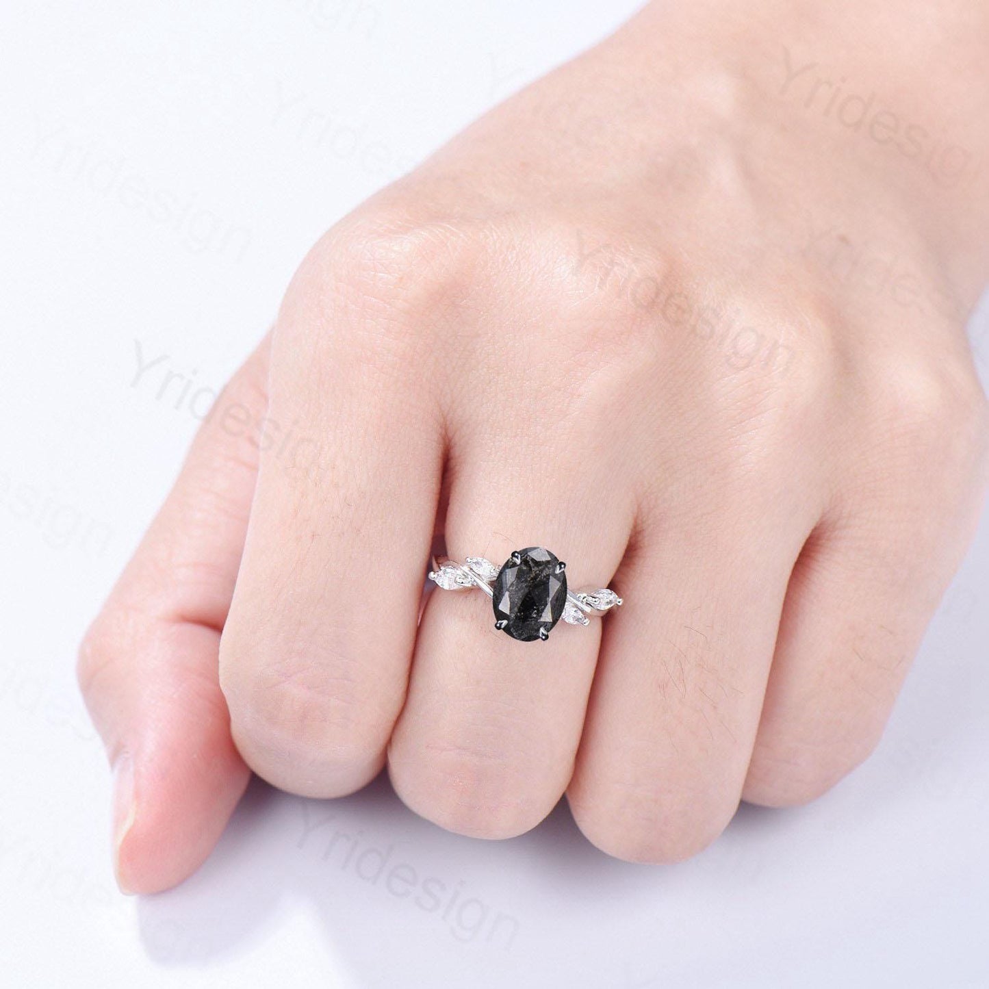 Vintage oval salt and pepper diamond engagement ring 14k white gold spilt shank band marquise diamond promise ring anniversary gift for Her