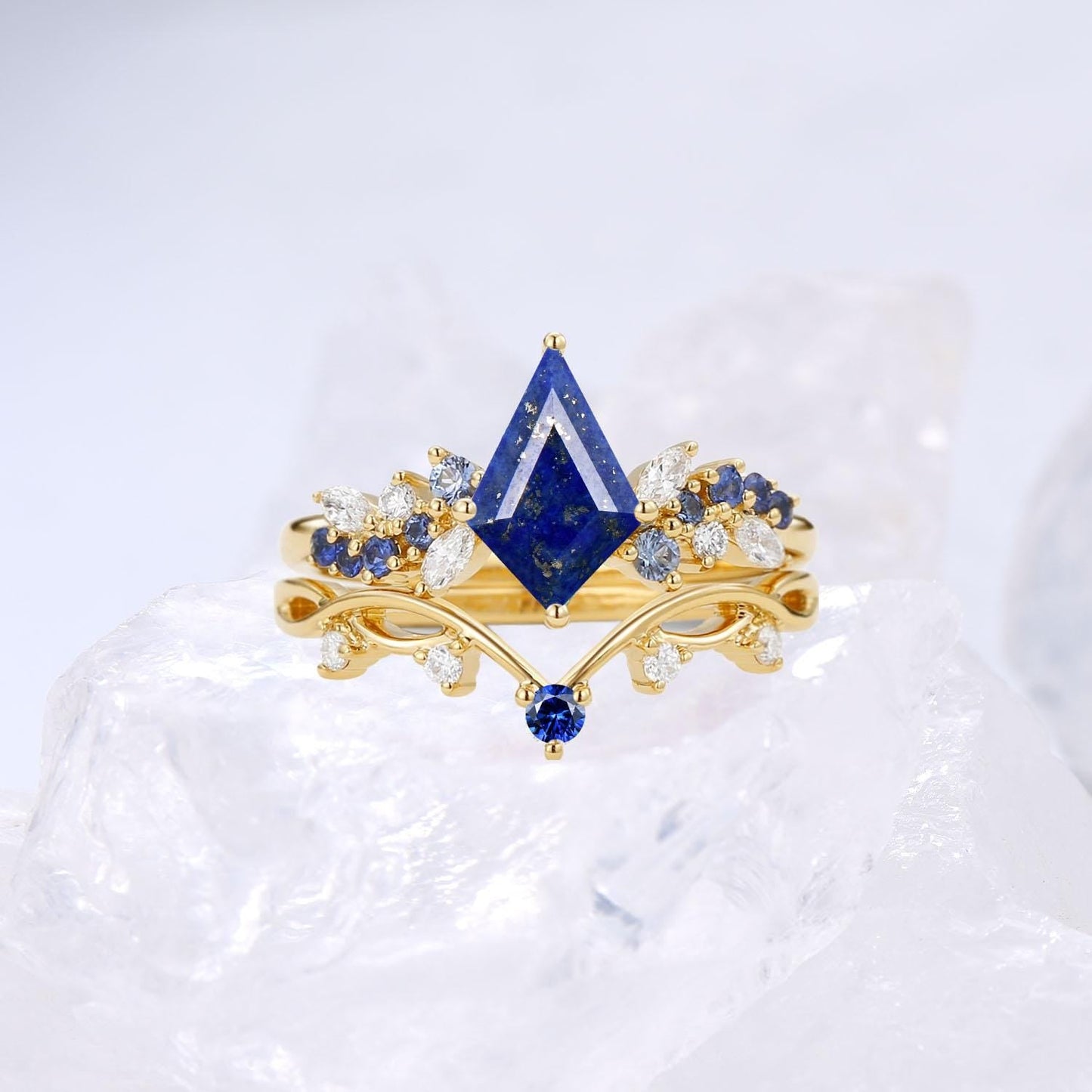 Vintage Black Gold Lapis Lazuli Engagement Ring Set Kite Cut Unique Cluster Sapphire Lapis Lazuli Bridal Ring Set  Anniversary Gift For Her