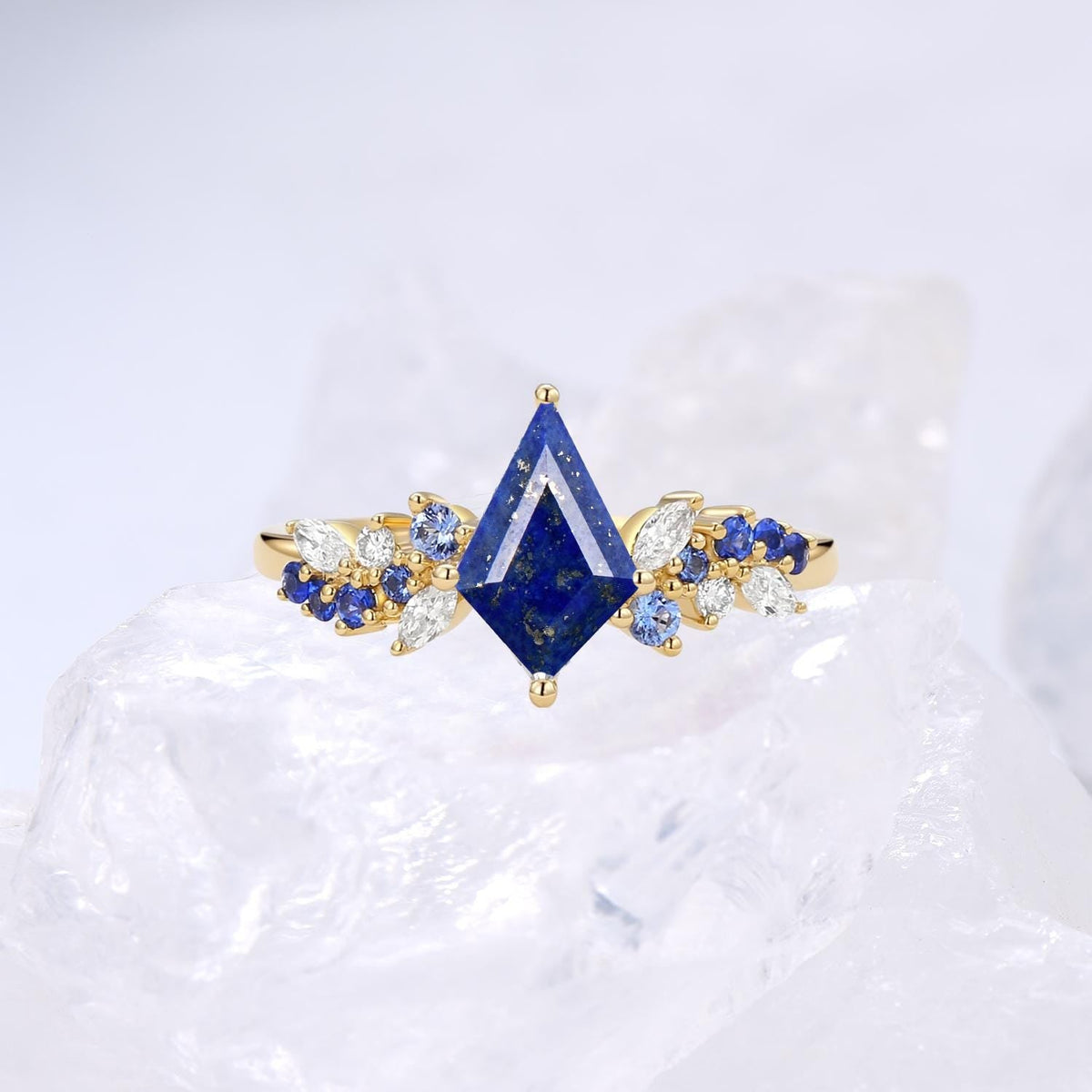 Vintage Black Gold Lapis Lazuli Engagement Ring Set Kite Cut Unique Cluster Sapphire Lapis Lazuli Bridal Ring Set  Anniversary Gift For Her