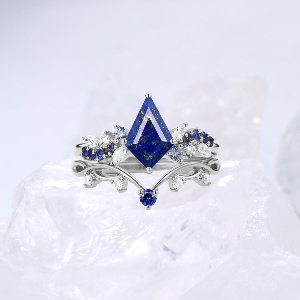 Vintage Black Gold Lapis Lazuli Engagement Ring Set Kite Cut Unique Cluster Sapphire Lapis Lazuli Bridal Ring Set  Anniversary Gift For Her