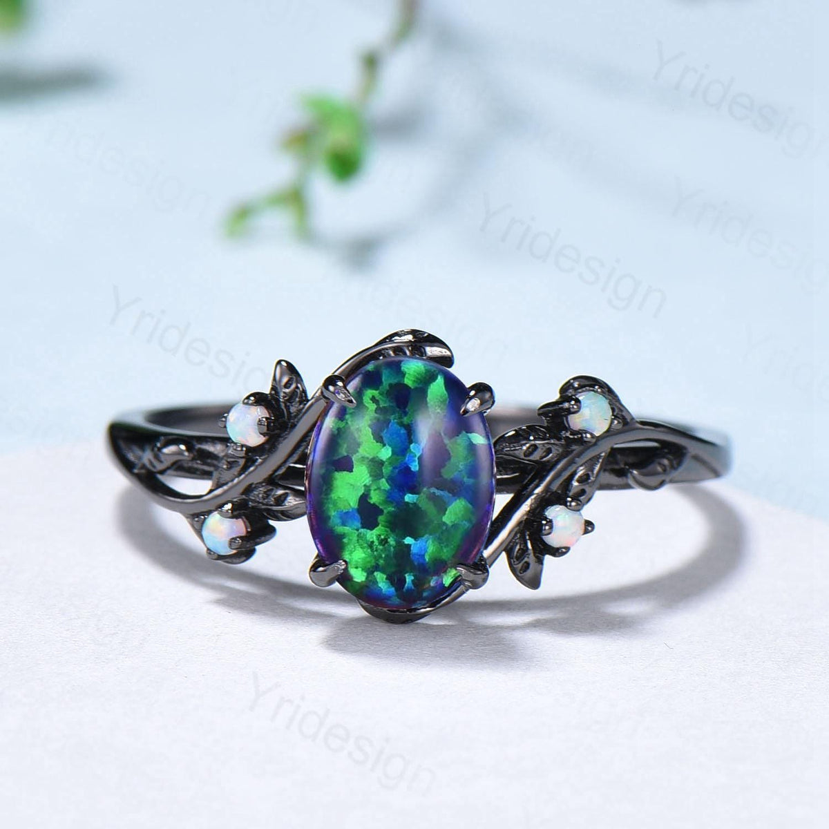 Nature Inspired Black Opal Wedding Ring Set Elegant Twig Black Gold Opal Engagement Ring Twig Vine Branch Bridal Set Unique Anniversary Ring