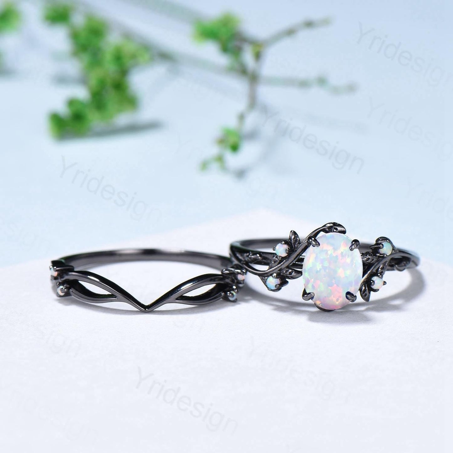 Nature Inspired Black Opal Wedding Ring Set Elegant Twig Black Gold Opal Engagement Ring Twig Vine Branch Bridal Set Unique Anniversary Ring