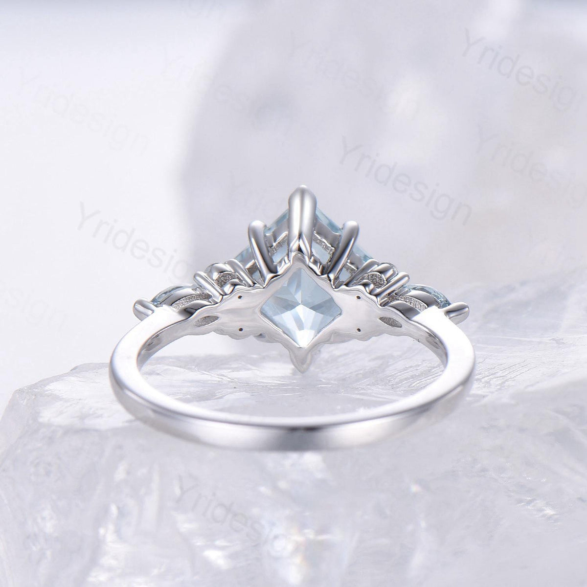 Vintage Princess Cut Natural Aquamarine Engagement Ring Set Elegant 14k White Gold Art Deco 2CT March Birthstone Anniversary Ring For Women