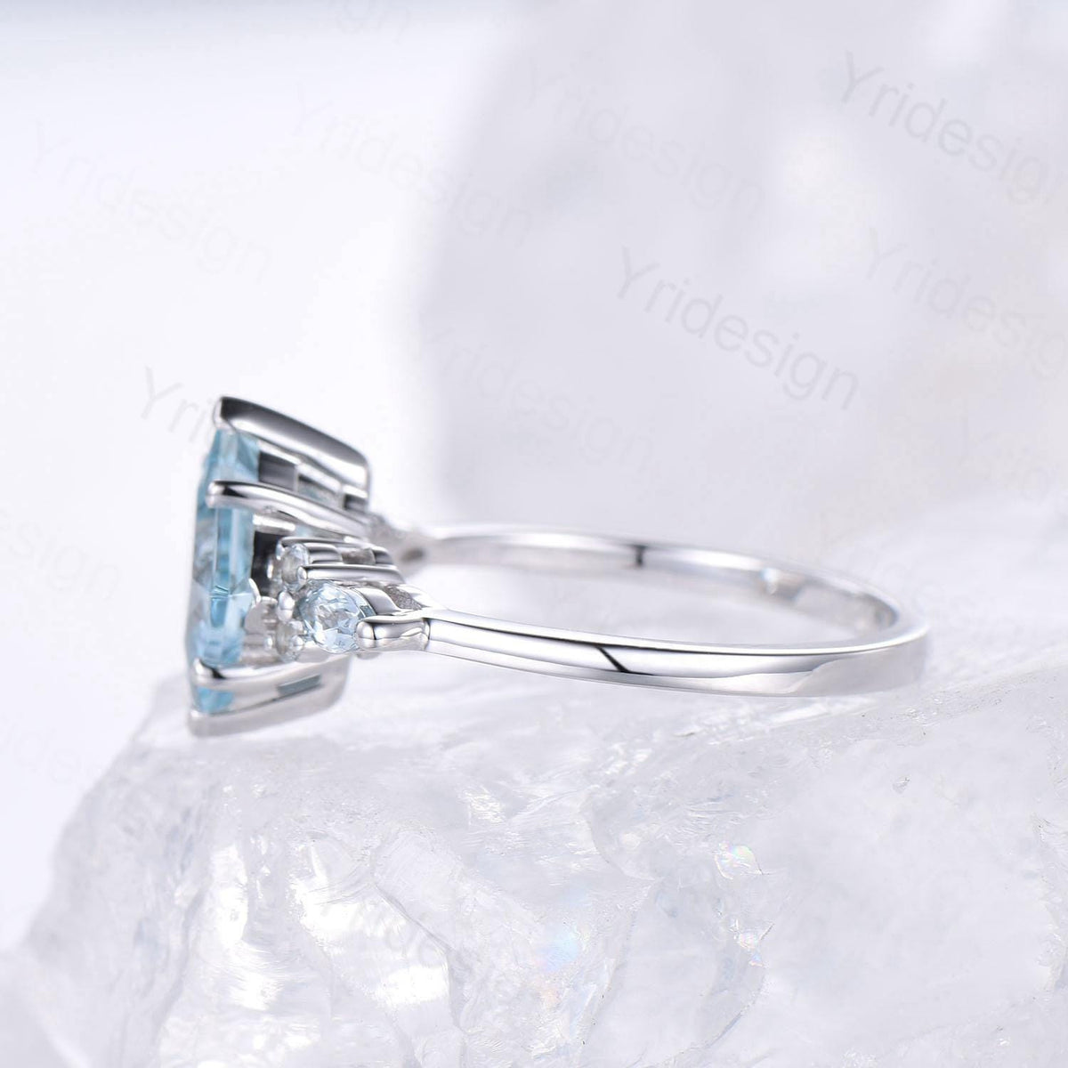 Vintage Princess Cut Natural Aquamarine Engagement Ring Set Elegant 14k White Gold Art Deco 2CT March Birthstone Anniversary Ring For Women
