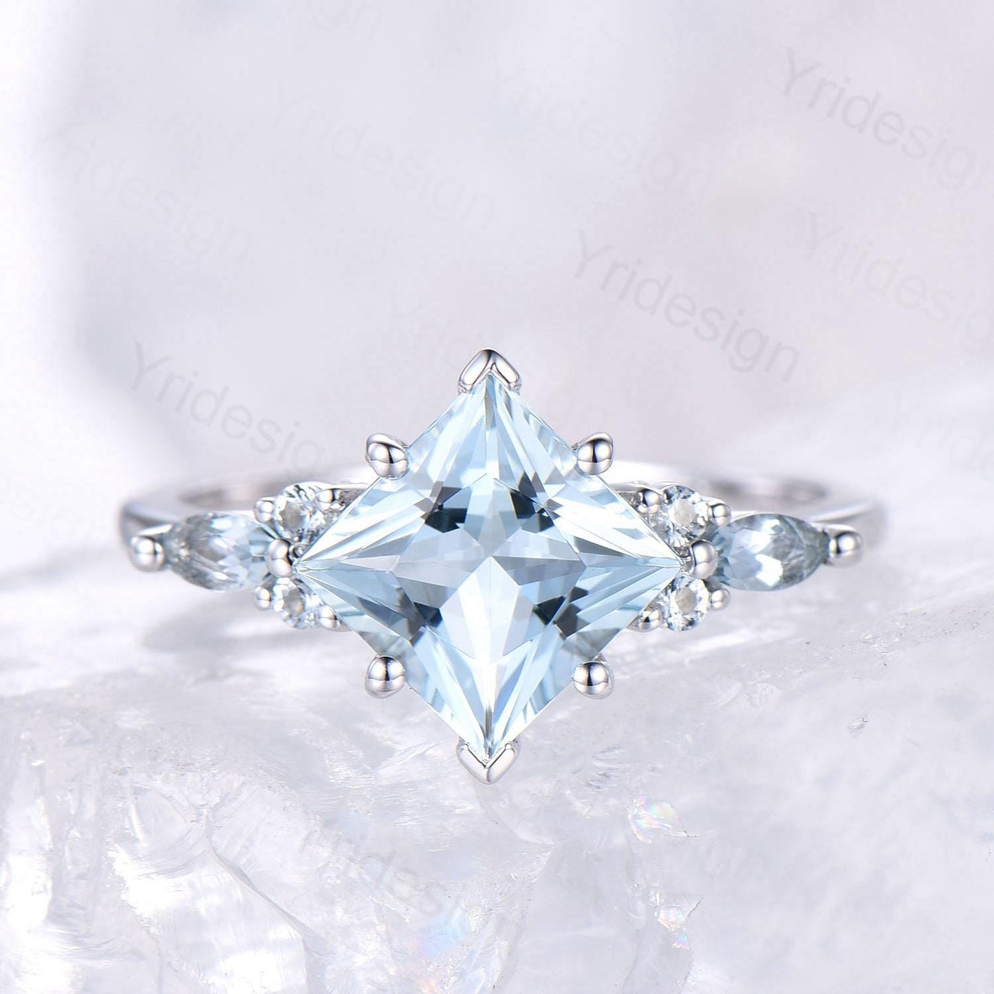 Vintage Princess Cut Natural Aquamarine Engagement Ring Set Elegant 14k White Gold Art Deco 2CT March Birthstone Anniversary Ring For Women