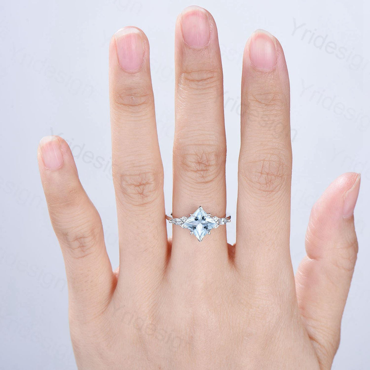 Vintage Princess Cut Natural Aquamarine Engagement Ring Set Elegant 14k White Gold Art Deco 2CT March Birthstone Anniversary Ring For Women