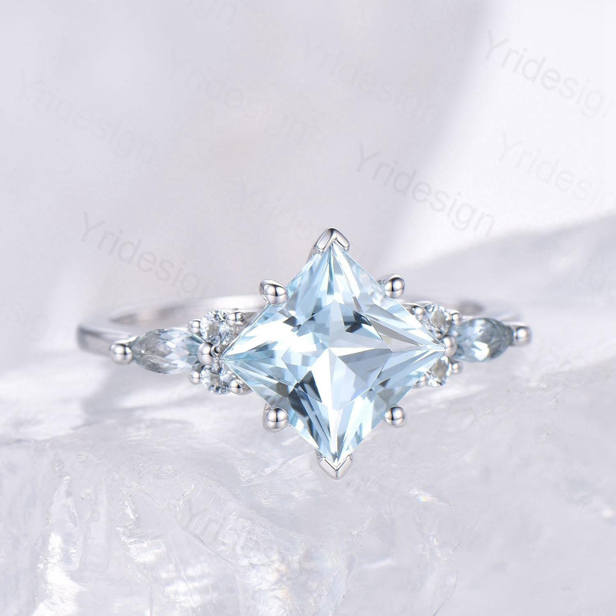 Vintage Princess Cut Natural Aquamarine Engagement Ring Set Elegant 14k White Gold Art Deco 2CT March Birthstone Anniversary Ring For Women